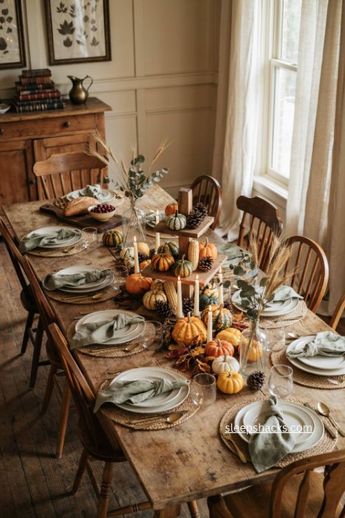 Harvest vegetable display with mini corn gourds and squash for Thanksgiving 