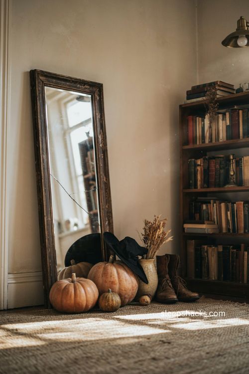 Haunted Halloween mirror with pumpkins witch hat and vintage boots cozy floor vignette