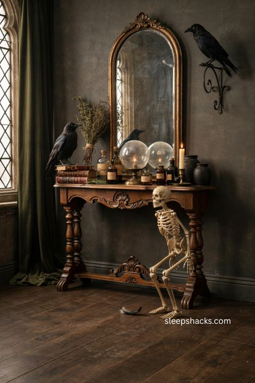 Haunted apothecary Halloween entry table with potion bottles ravens skeleton and crystal ball