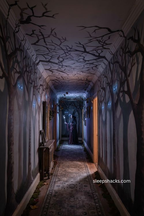 Haunted forest Halloween hallway with glowing eyes and purple blue lighting