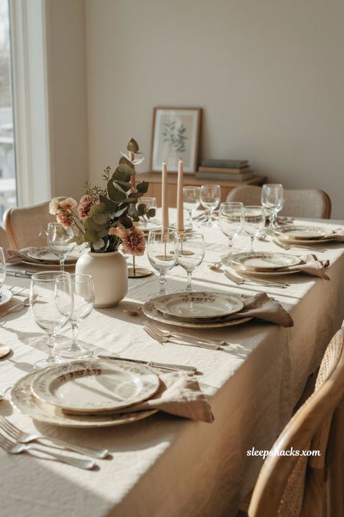 Heirloom Thanksgiving table with vintage china ornate flatware linen tablecloth and simple modern accents
