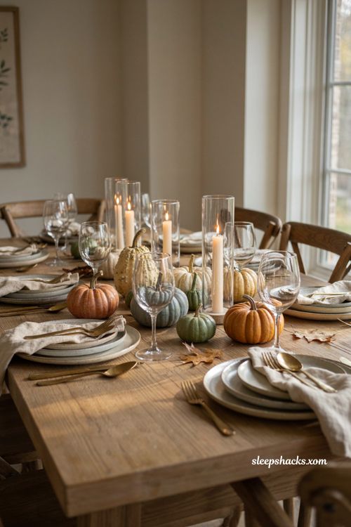 Heirloom pumpkin Thanksgiving centerpiece with hurricane glass candle holders 