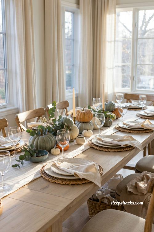 Heirloom pumpkin Thanksgiving table setting with eucalyptus white berries and wicker chargers