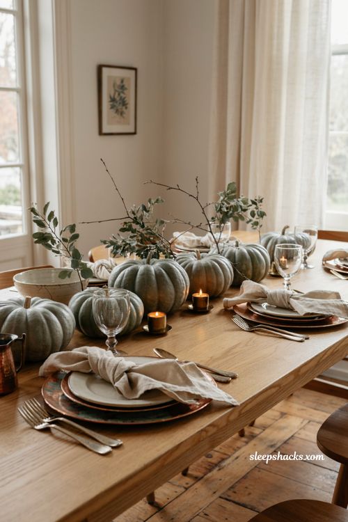 Heirloom pumpkin Thanksgiving table with muted blue green pumpkins copper chargers and candles