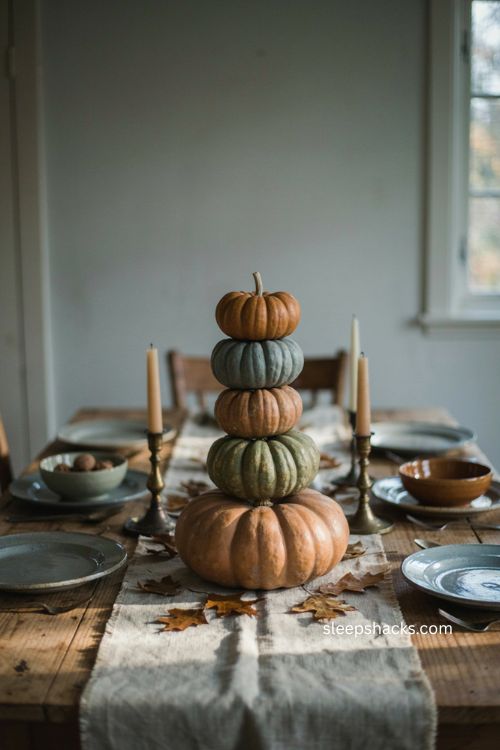 Heirloom pumpkin topiary Thanksgiving centerpiece with blue green and gray pumpkins 