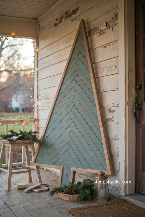 Herringbone stenciled wood christmas tree sign with natural trim for rustic porch decor 
