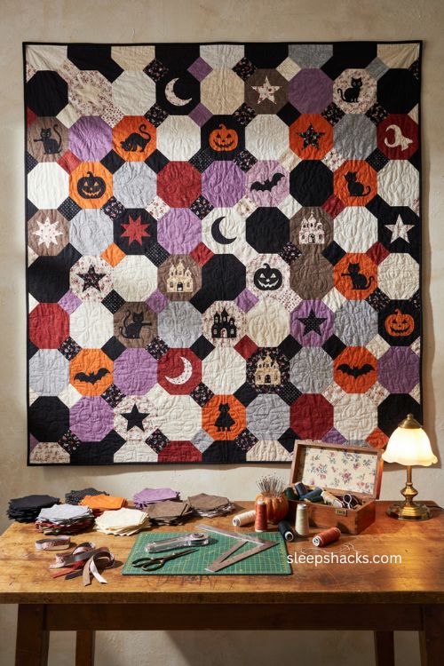 Hexagon Halloween quilt with novelty fabric centers and honeycomb patchwork wall hanging