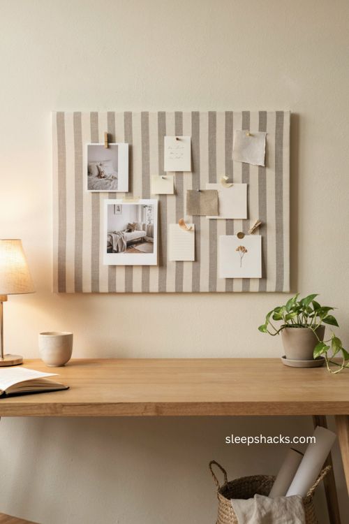 Hidden bulletin board idea with fabric covered office decor 