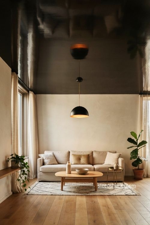 High gloss black ceiling living room with light walls bold pendant and cozy apartment decor 