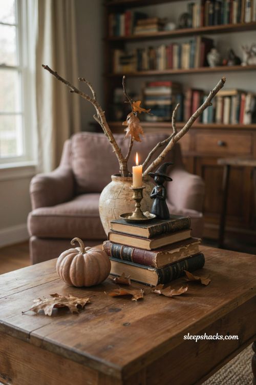 Hocus Pocus Halloween Decor faux book stack shelf ideas
