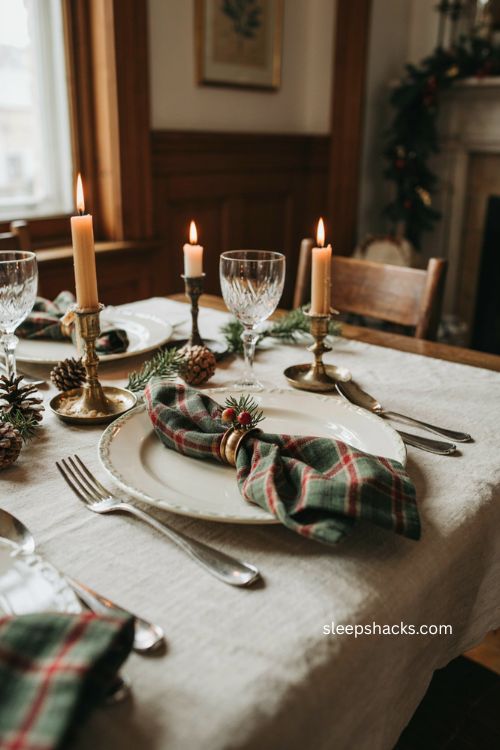 Holiday wreath napkin folding idea with plaid napkin and greenery 
