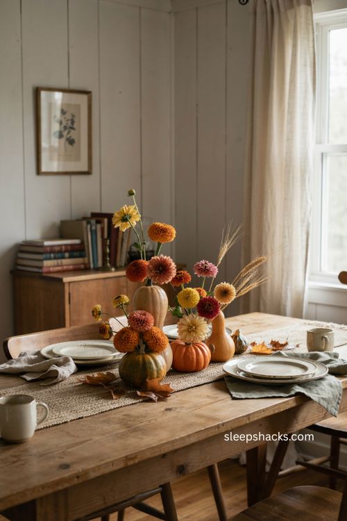 Hollowed gourd vase Thanksgiving centerpiece with pumpkins squash marigolds zinnias and dahlias 