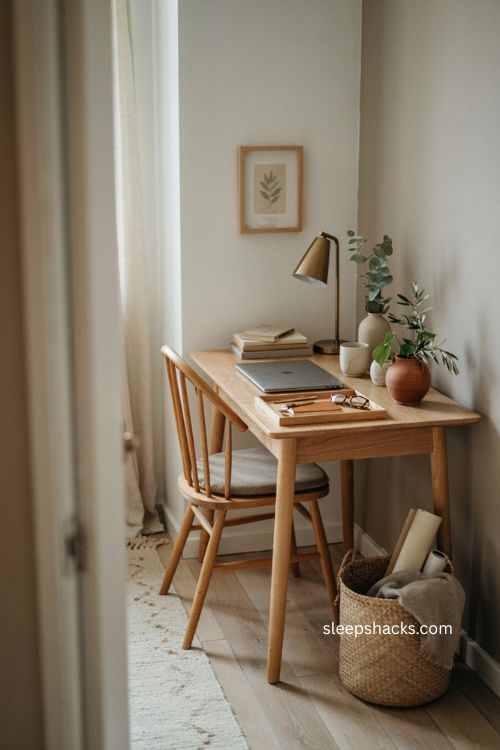 Home office desk idea for a warm organized workspace in a small nook