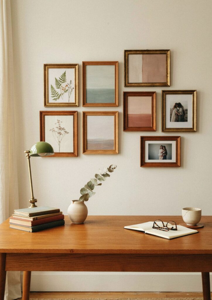 Home office gallery wall with vintage frames and personal artwork above desk