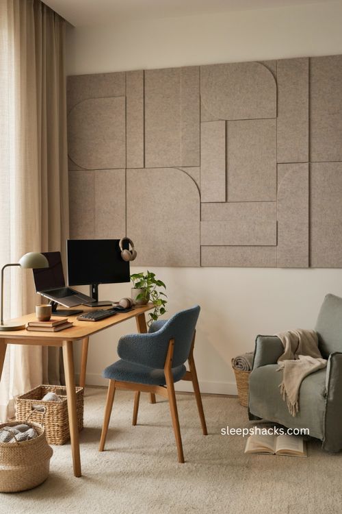 Home office setup with acoustic panels plush rug and soft cozy textures 