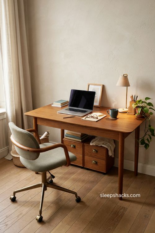 Home office setup with cozy desk ergonomic chair and organized storage 