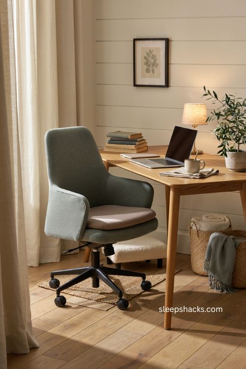 Home office setup with ergonomic chair lumbar support and cozy footrest 