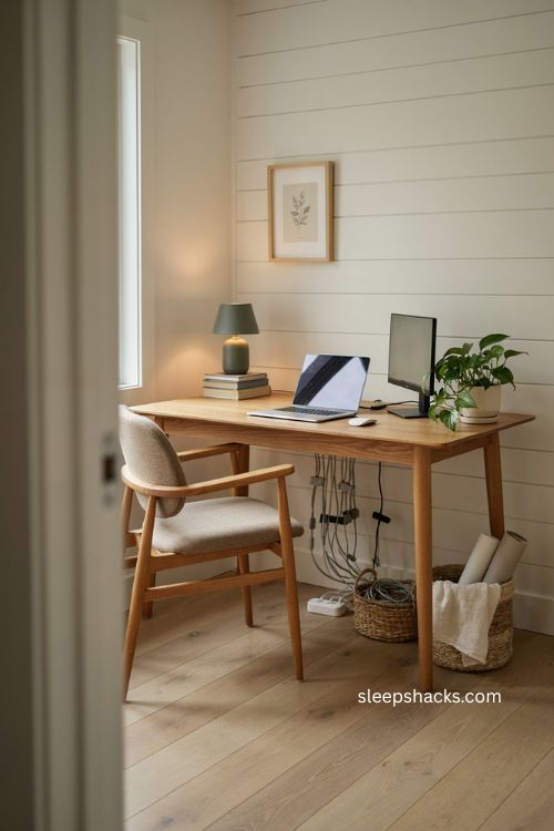 Home office setup with hidden cables wireless keyboard and organized desk 