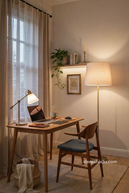 Home office setup with layered lighting desk lamp and warm floor lamp 