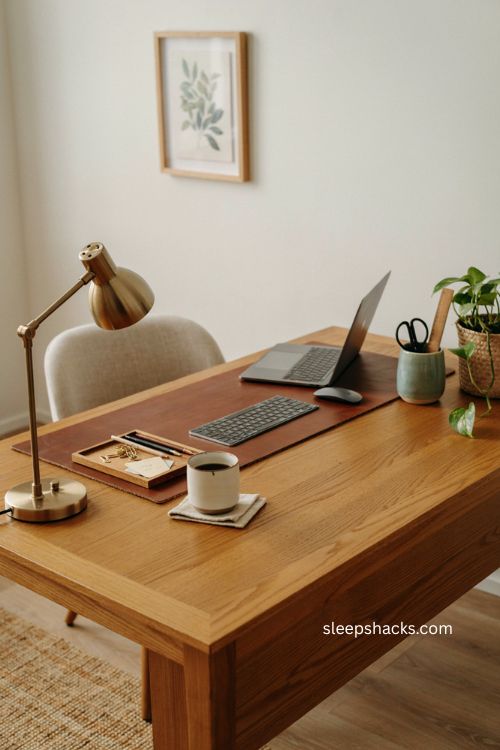 Home office setup with leather desk mat and small desk organizers 