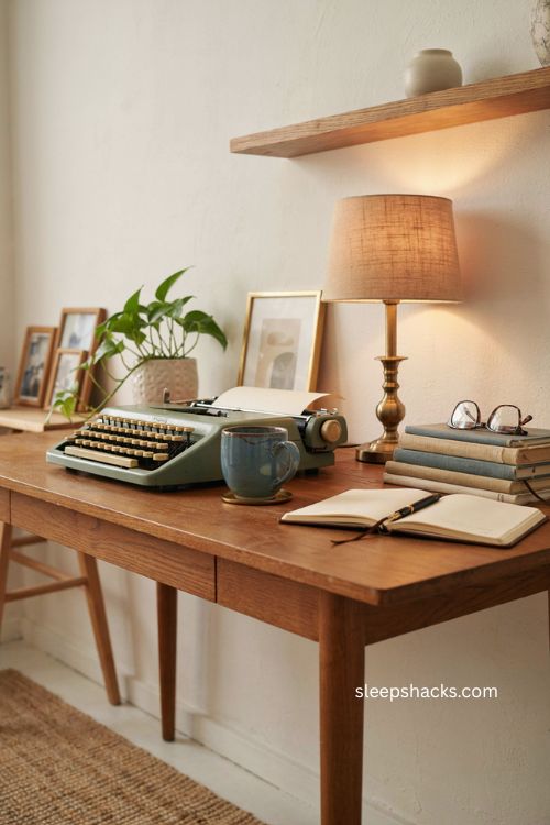 Home office setup with meaningful objects vintage decor framed photos and cozy desk 