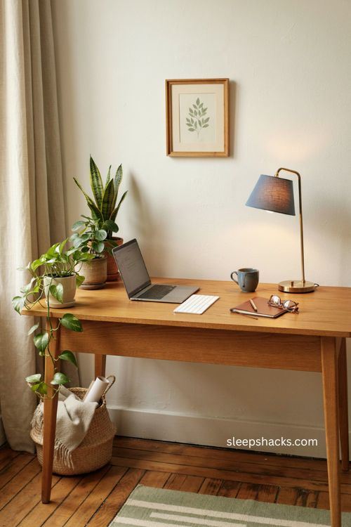 Home office setup with pothos snake plants and cozy desk decor 