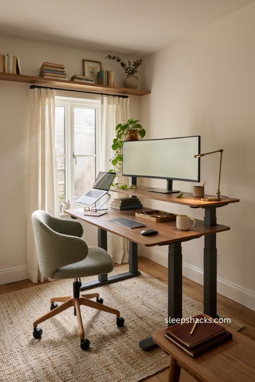 Home office setup with standing desk ergonomic chair and anti fatigue mat 