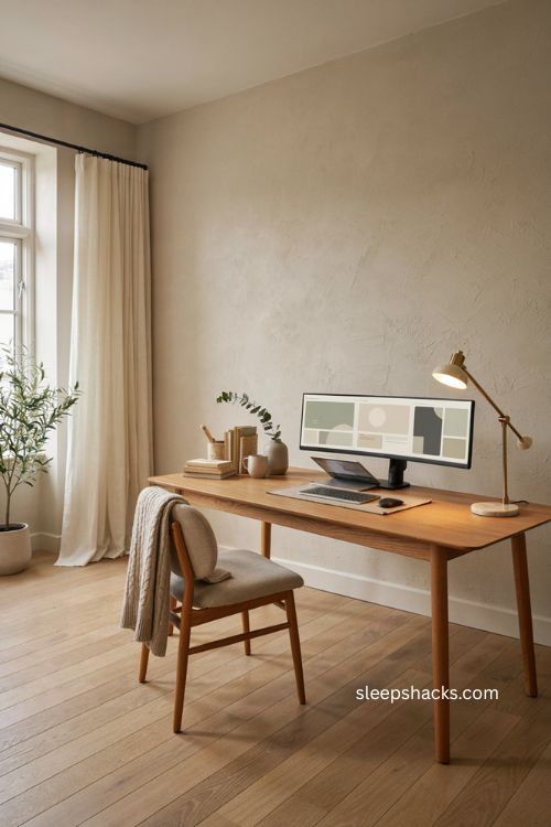 Home office setup with ultrawide monitor arm and organized wooden desk 