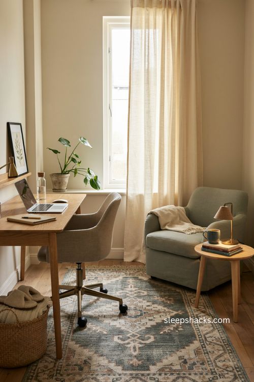 Home office setup with water bottle cozy break chair and small side table 