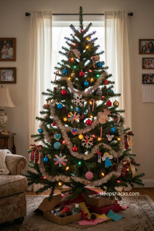 Homemade 90s christmas tree with kid crafted ornaments and nostalgic family decorations 