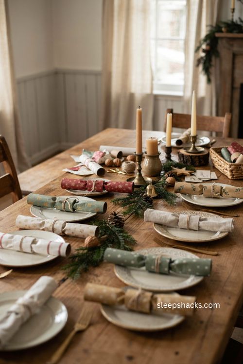 Homemade Christmas crackers with recycled wrapping paper and rustic holiday table decor