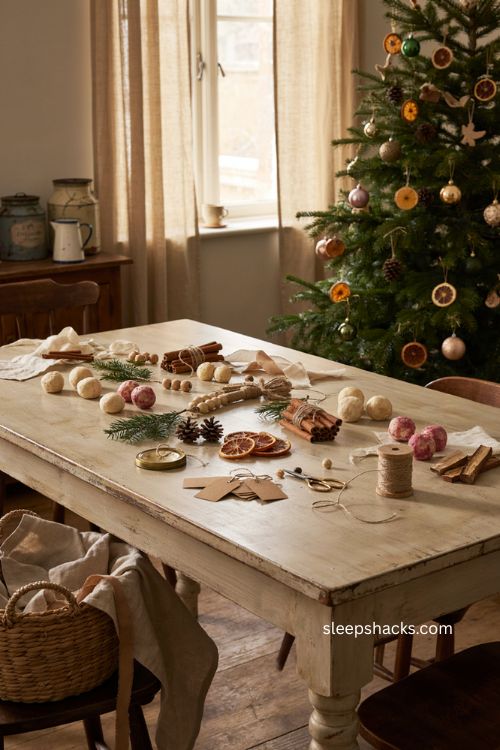 Homemade Christmas crafts with rustic ornaments twine cinnamon and cozy holiday decor