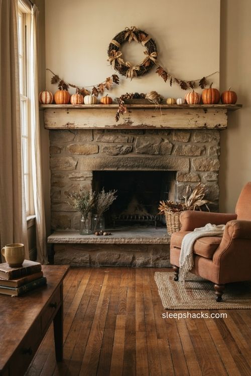 Homemade fall decorations with rustic pumpkins wreath and dried garland 