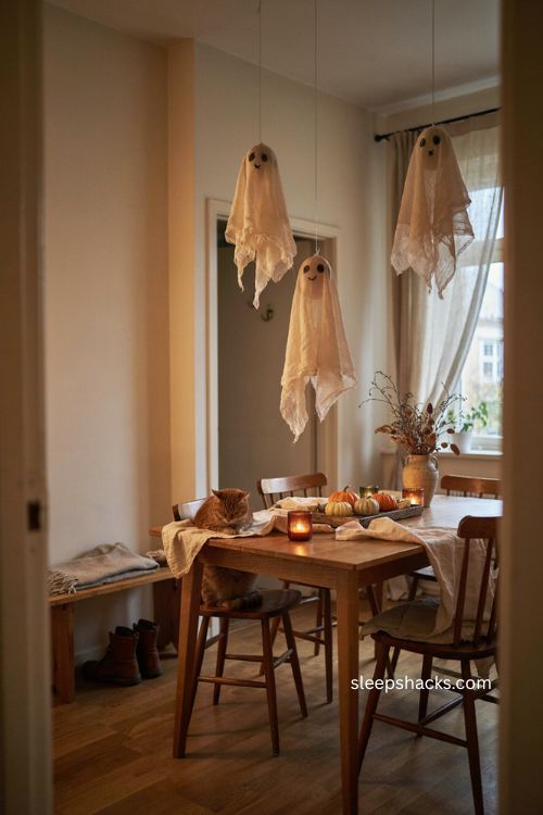 Homemade floating ghost Halloween decor for small apartments 