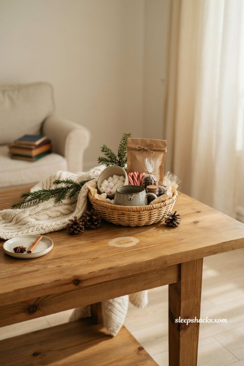 Hot cocoa Christmas gift basket ideas with marshmallows peppermint and cozy blanket 