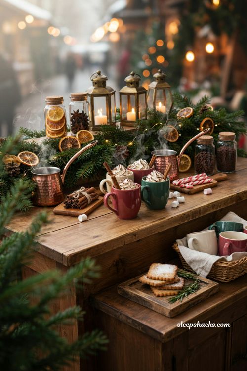 Hot cocoa station Christmas festival ideas with cozy winter drink decor
