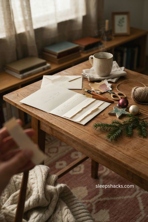 IOU coupon Christmas card for boyfriend with handmade tear off experience coupons and cozy holiday writing setup 