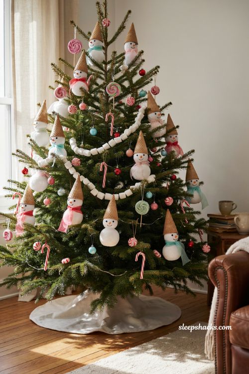 Ice cream cone snowman ornaments for a candyland Christmas tree