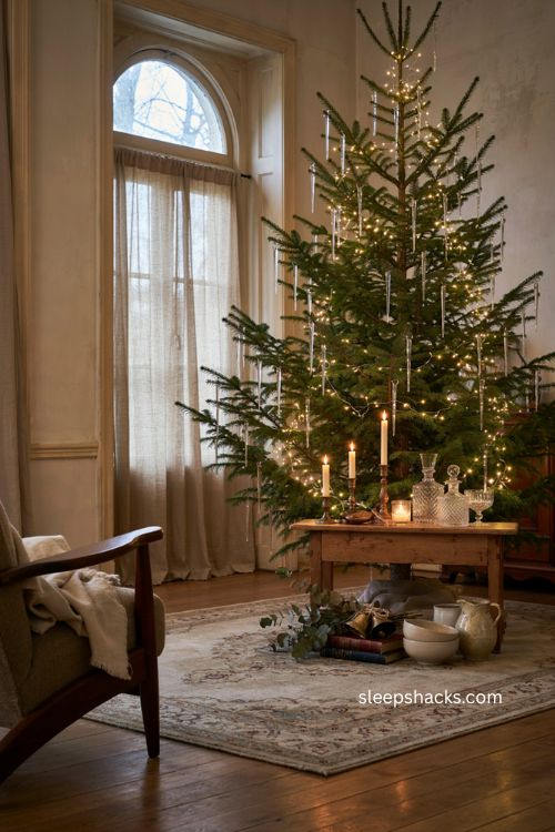 Icicle Christmas tree with extra warm lights and shimmering glass ornaments