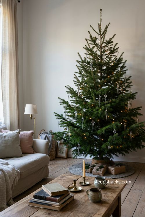 Icicle Christmas tree with secure ornaments near the top 