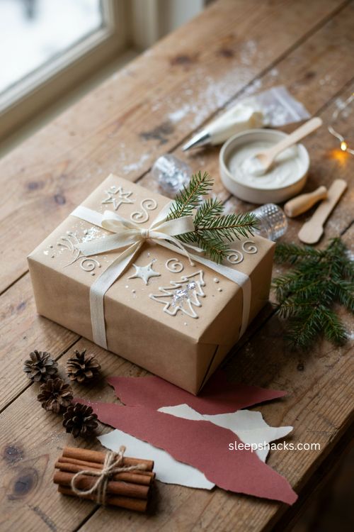 Icing and glitter Christmas gift wrapping with handmade holiday designs 