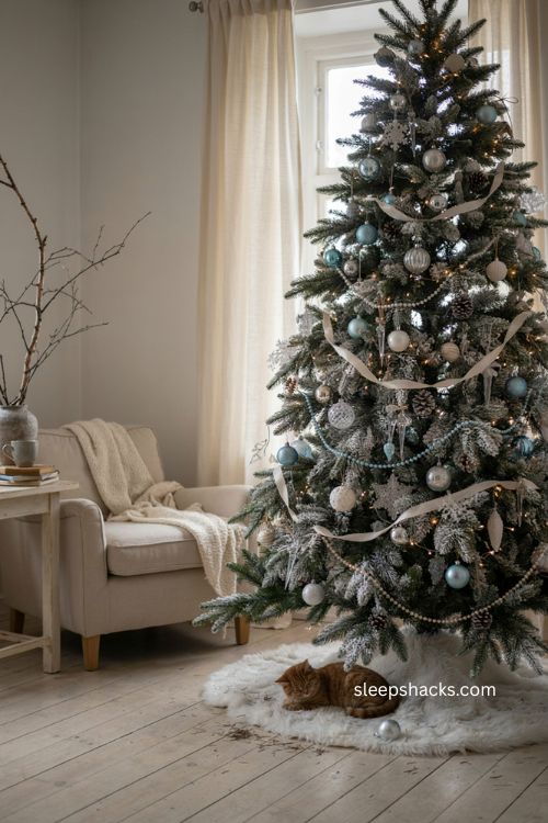 Icy blue and silver frosted Christmas tree with snowy layered decor