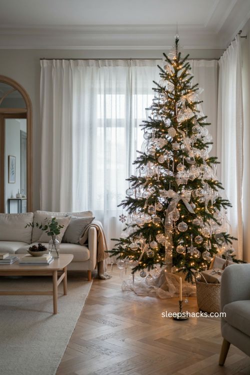 Icy crystal Christmas tree with clear glass ornaments silver snowflakes icicles and warm lights