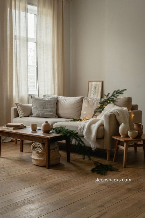 Icy white faux fur Christmas blanket cozy cabin living room 