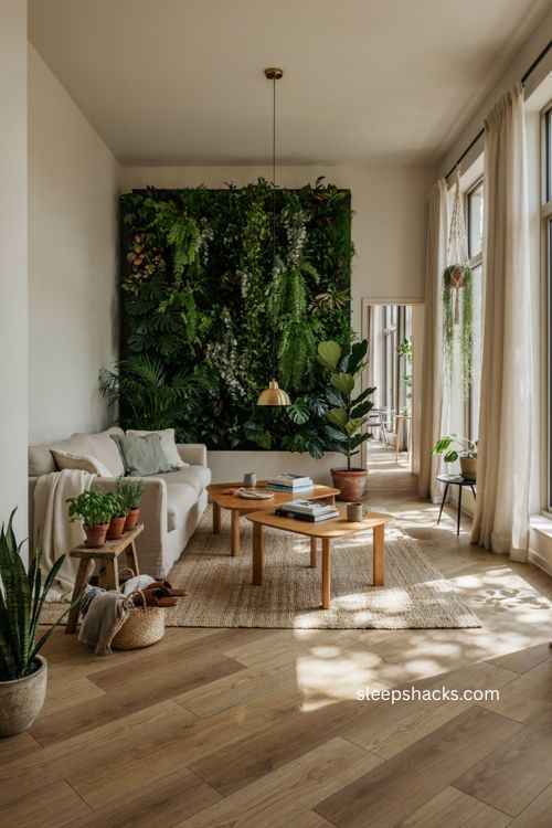 Indoor greenery in corporate office with vertical garden potted plants and warm natural decor