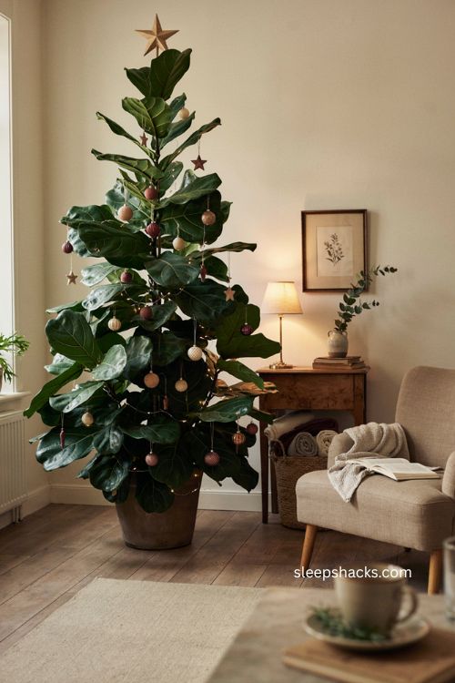 Indoor plant Christmas tree with lightweight ornaments warm lights and cozy decor
