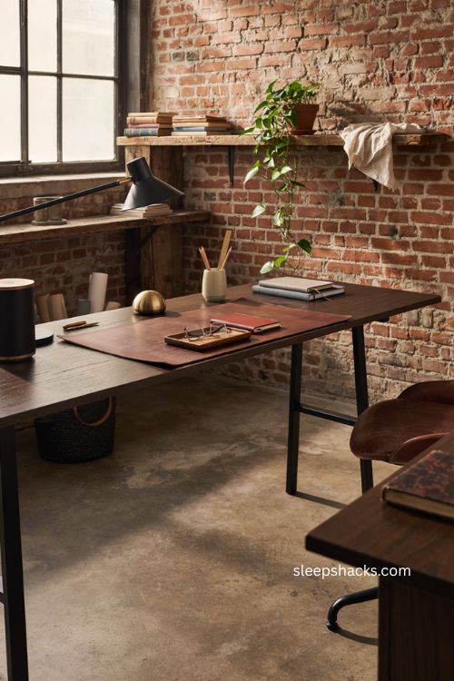 Industrial modern standing desk with dark walnut top and black frame 
