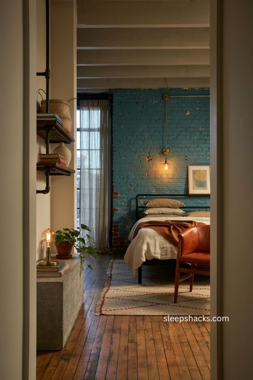 Industrial teal and orange bedroom with exposed brick and leather chair