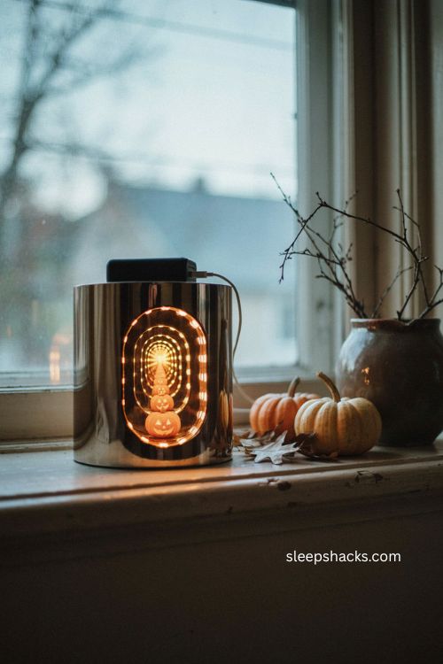 Infinity mirror pumpkin light with stacked jack o lantern effect on a cozy Halloween windowsill