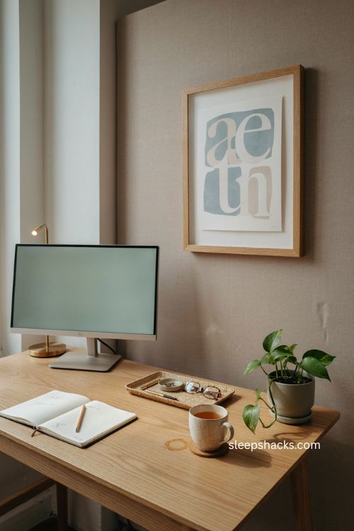 Inspirational office print display with neutral frame cozy cubicle wall and simple desk decor 